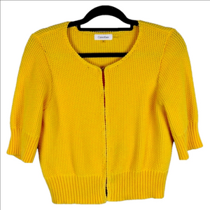 Calvin Klein Yellow Knit Round Neckline Hook Front Three-Quarter Sleeve Cardigan